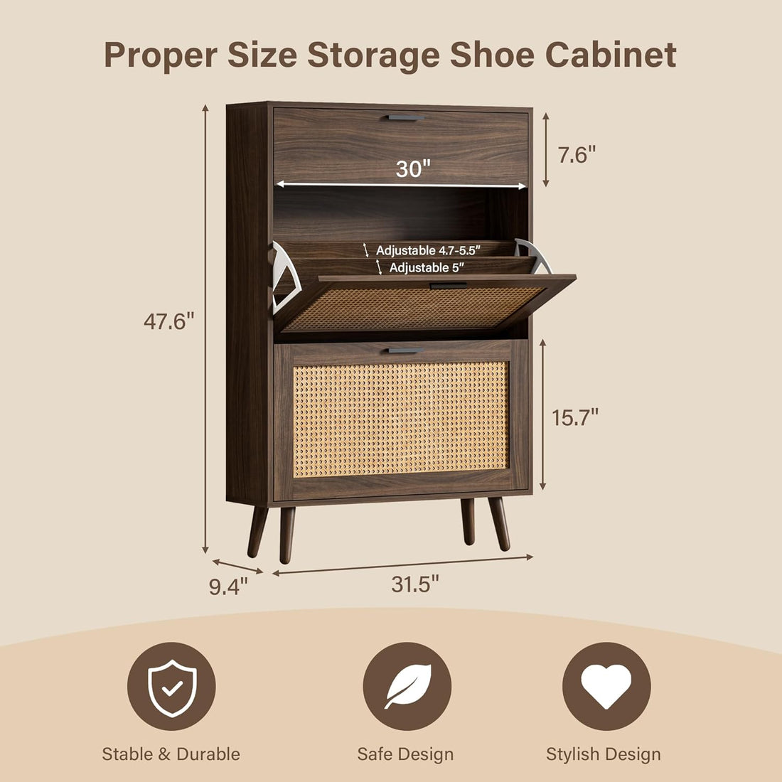 2 Flip Drawers and Hidden Cabinet Rattan Shoe Cabinet